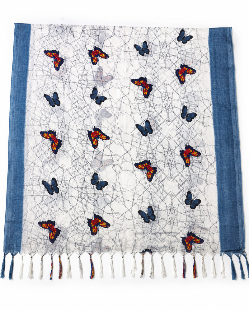 Art Silk Butterfly Printed Dupatta with Contrast Border & Tassels for Women