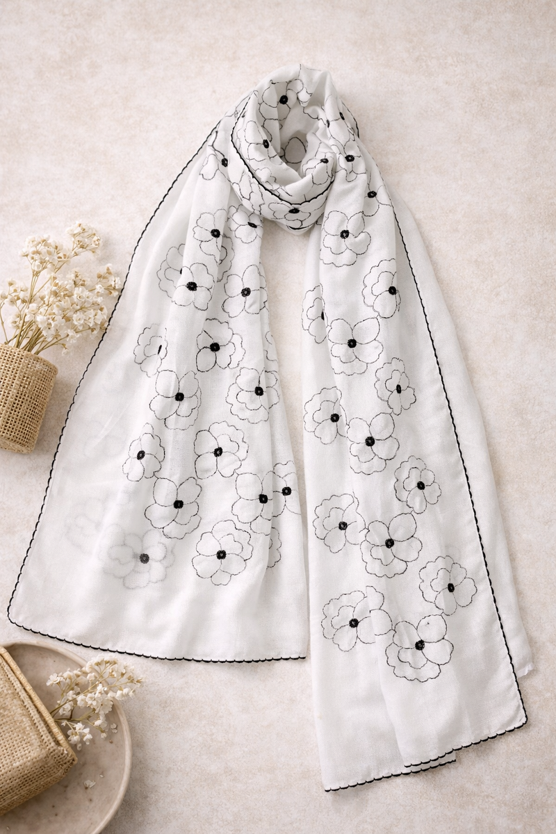 White Thread Embroidered Scarf with Black Floral Outline and Fine Edge Finish