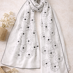White Thread Embroidered Scarf with Black Floral Outline and Fine Edge Finish