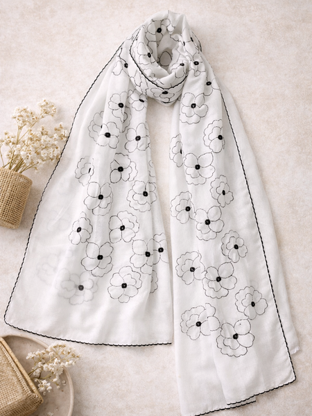 White Thread Embroidered Scarf with Black Floral Outline and Fine Edge Finish