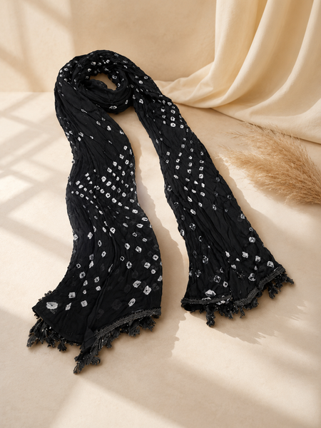 Women’s Black Cotton Chunari Bandhani Printed Dupatta with Tassels