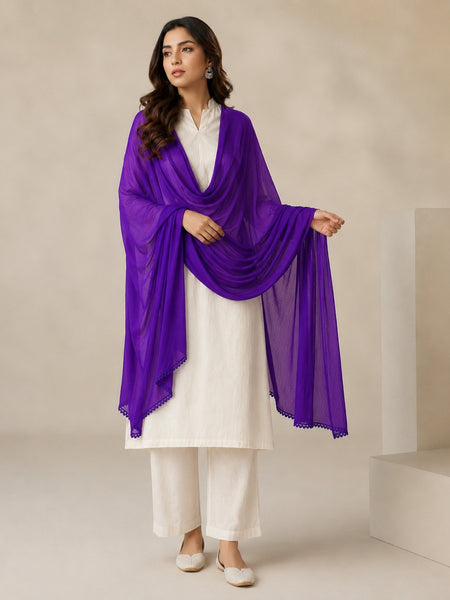Purple Chiffon Plain Dupatta with Lace Border for Women
