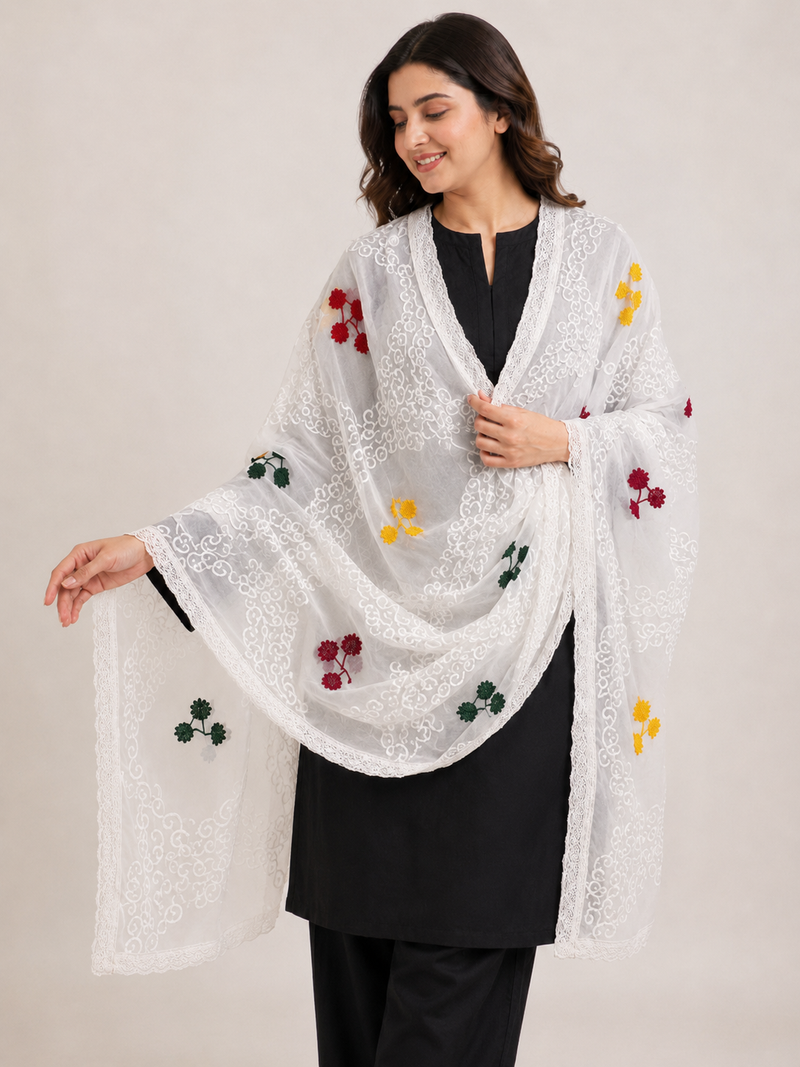 Women's White Cotton Thread Work Dupatta with Multicolor Floral Embroidery & Lace Border