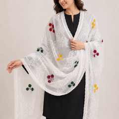 Women's White Cotton Thread Work Dupatta with Multicolor Floral Embroidery & Lace Border