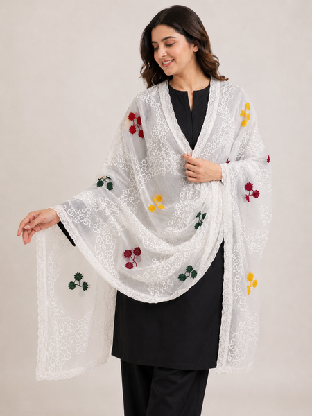 Women's White Cotton Thread Work Dupatta with Multicolor Floral Embroidery & Lace Border