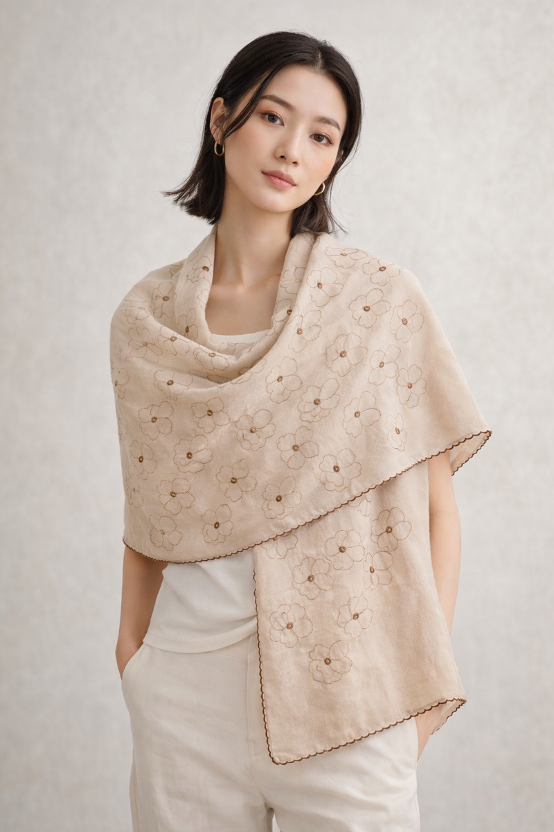 Elegant Thread Embroidered Scarf with Fine Floral Motifs and Soft Finish