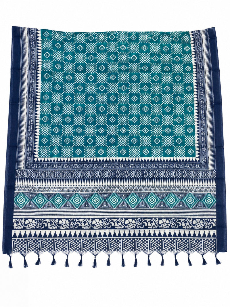 Women’s Art Silk Geometric Printed Dupatta with Contrast Border and Tassels