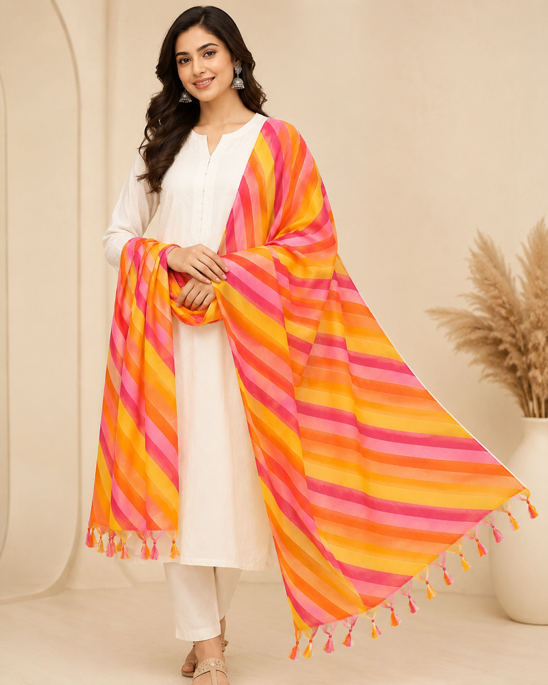 Women’s Art Silk Multicolor Leheriya Printed Dupatta with Tassels