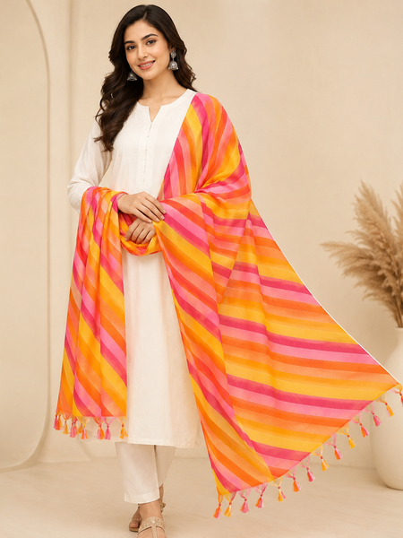 Women’s Art Silk Multicolor Leheriya Printed Dupatta with Tassels