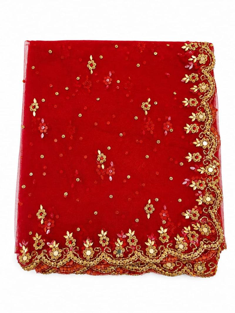 Women's Red Bridal Net Dupatta with Heavy Embroidery & Cutwork Border | Designer Wedding Dupatta