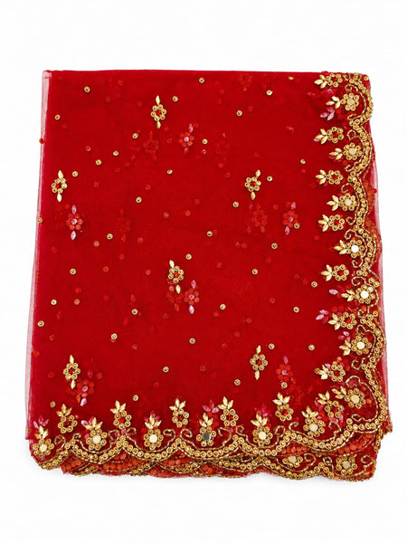 Women's Red Bridal Net Dupatta with Heavy Embroidery & Cutwork Border | Designer Wedding Dupatta