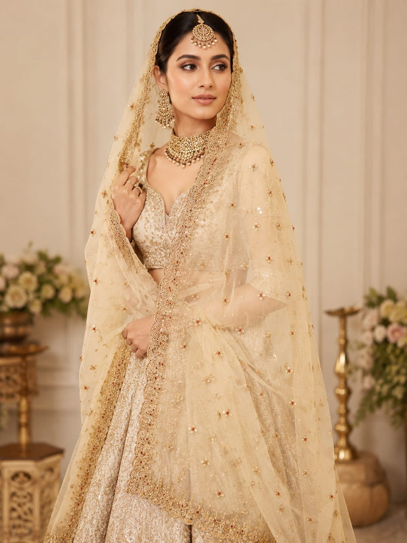 Golden Net Bridal Dupatta with Heavy Embroidery, Stone & Sequins Work