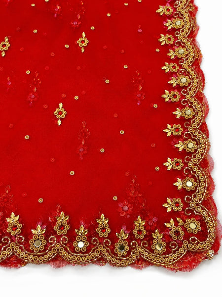 Women's Red Bridal Net Dupatta with Heavy Embroidery & Cutwork Border | Designer Wedding Dupatta