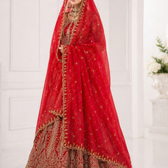 Women's Red Bridal Net Dupatta with Heavy Embroidery & Cutwork Border | Designer Wedding Dupatta