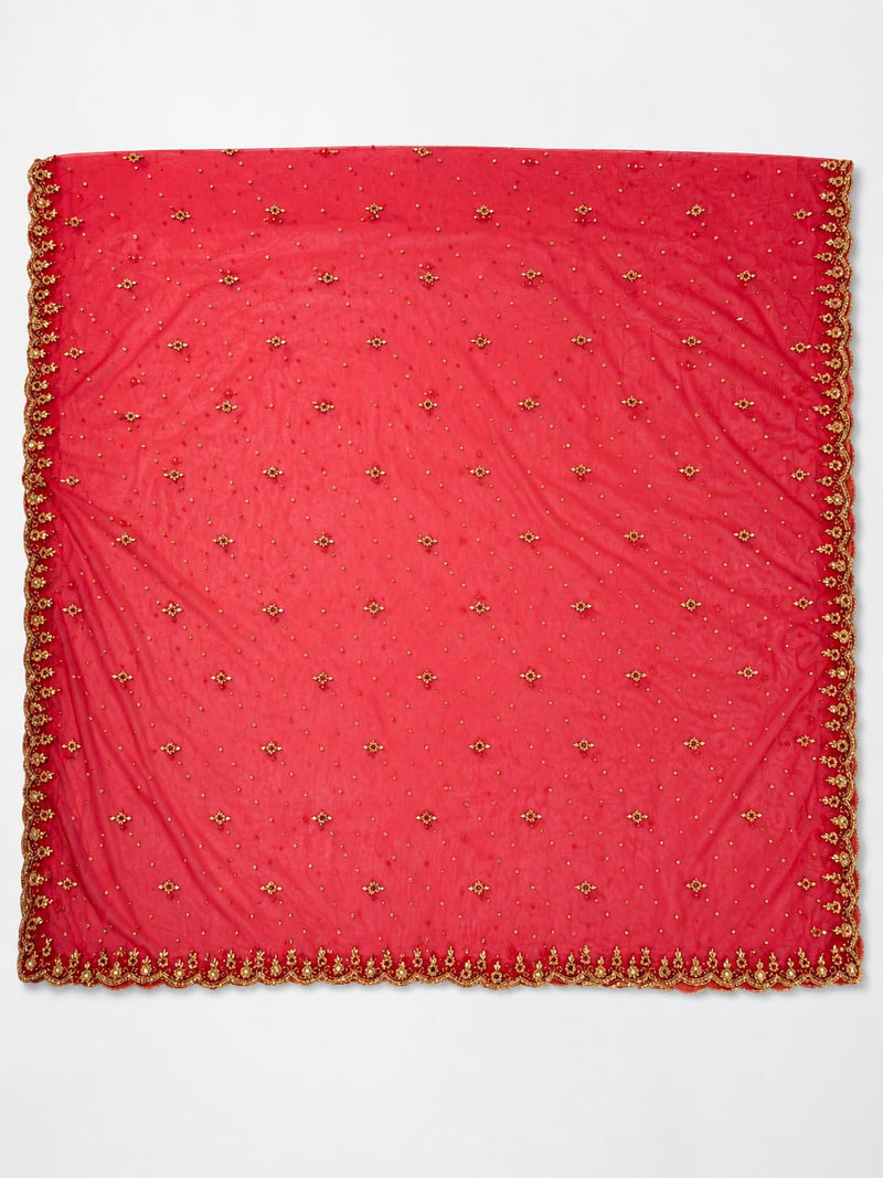 Women's Red Bridal Net Dupatta with Heavy Embroidery & Cutwork Border | Designer Wedding Dupatta