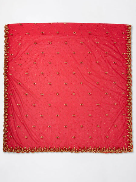 Women's Red Bridal Net Dupatta with Heavy Embroidery & Cutwork Border | Designer Wedding Dupatta
