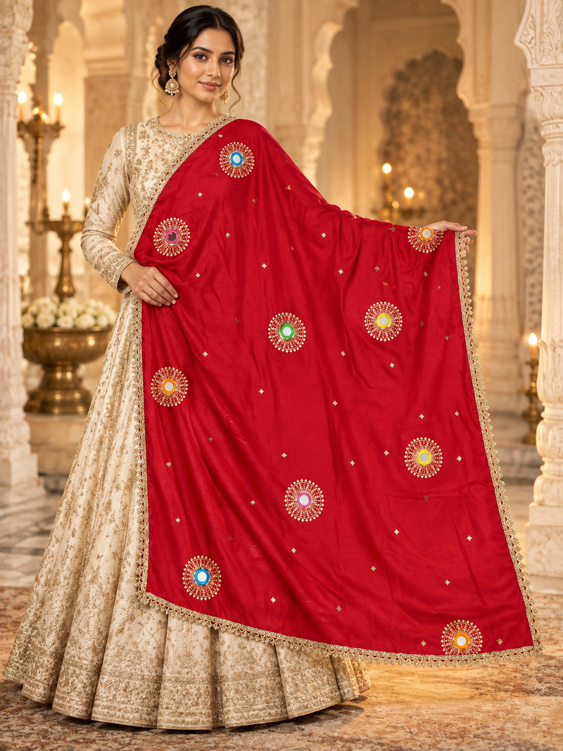 Deep Red Chinon Dupatta with Mirror & Sequin Work and Gold Lace Border