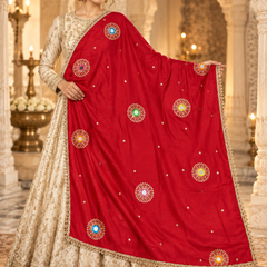 Deep Red Chinon Dupatta with Mirror & Sequin Work and Gold Lace Border