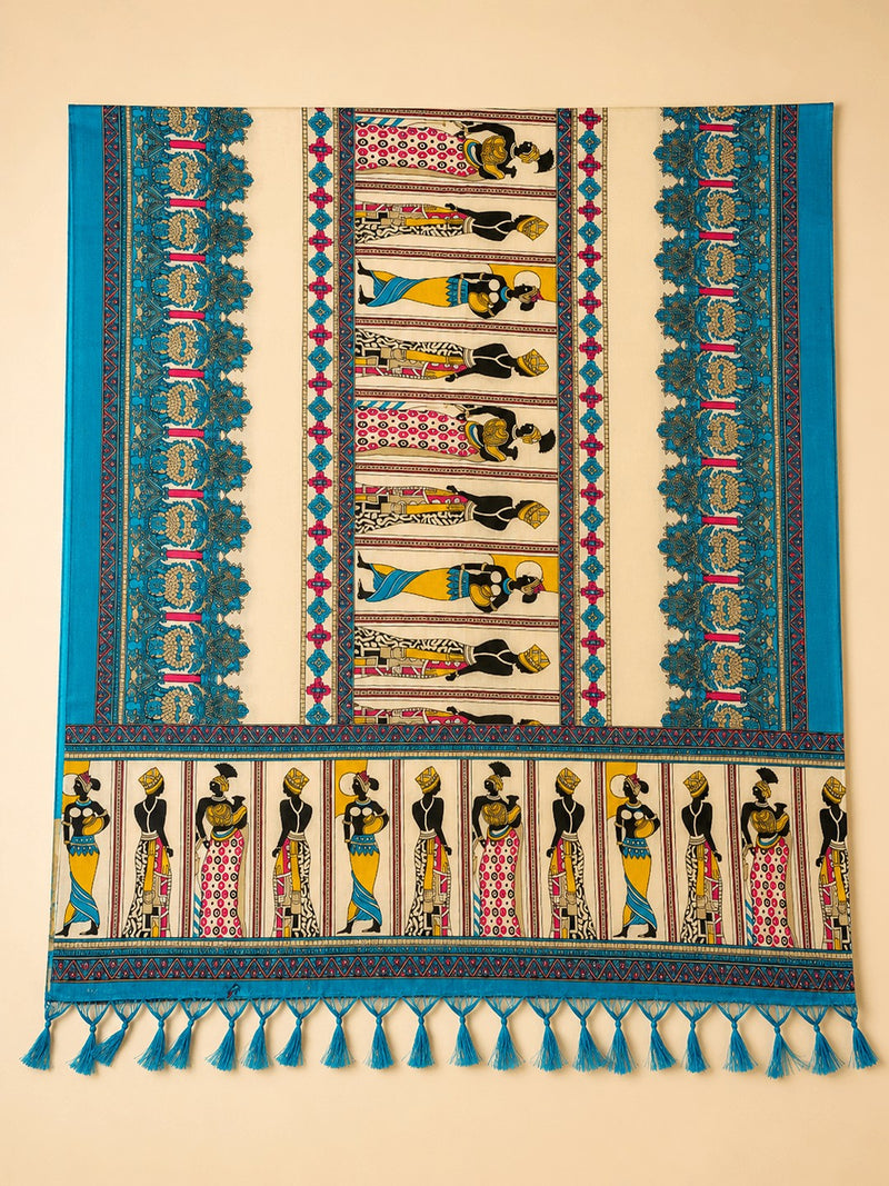 Women's Art Silk Printed Dupatta | Tribal Warli Print Tassel Dupatta |
