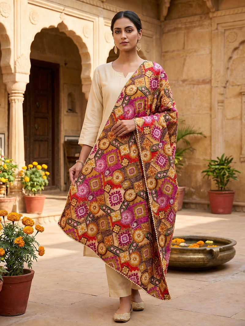 Chanderi Silk Rajwadi Printed Dupatta with Sequin Work & Decorative Border
