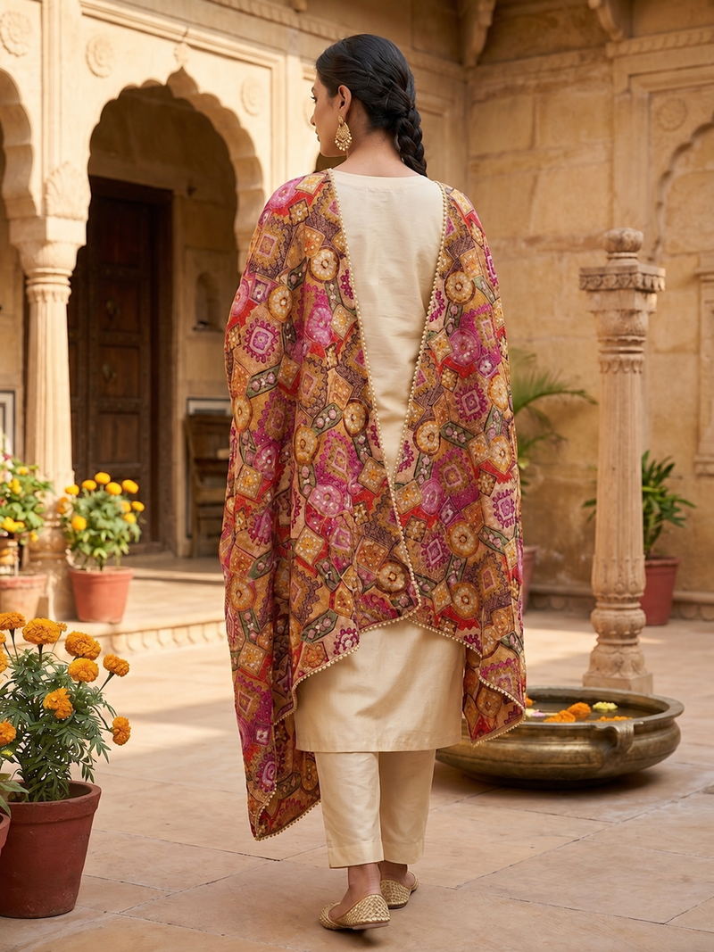 Chanderi Silk Rajwadi Printed Dupatta with Sequin Work & Decorative Border
