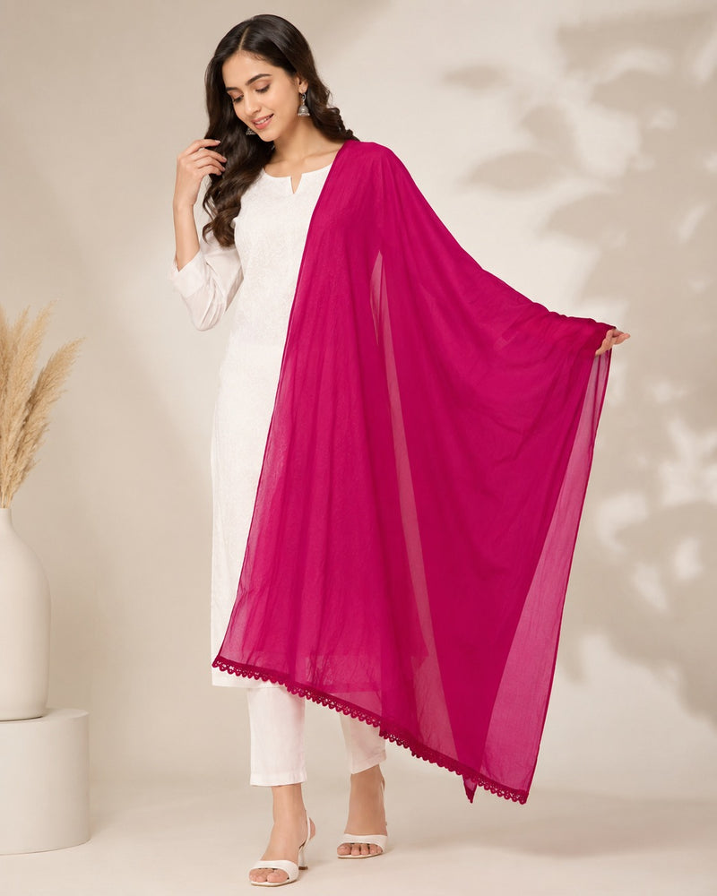 Women's Chiffon Dupatta | Plain Fuchsia Pink Soft Lightweight Dupatta with Lace Border