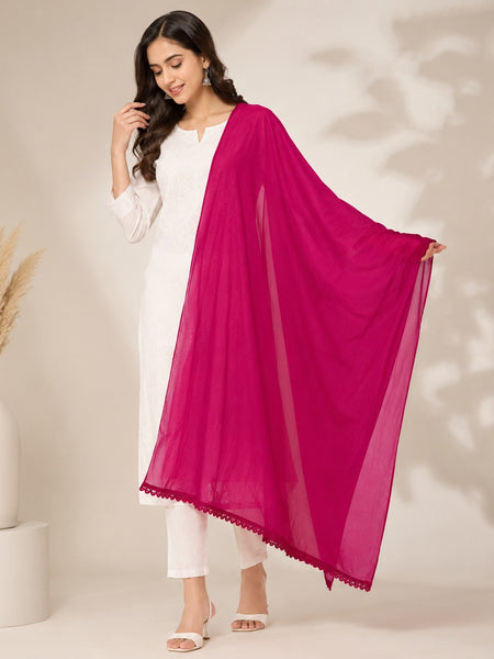Women's Chiffon Dupatta | Plain Fuchsia Pink Soft Lightweight Dupatta with Lace Border