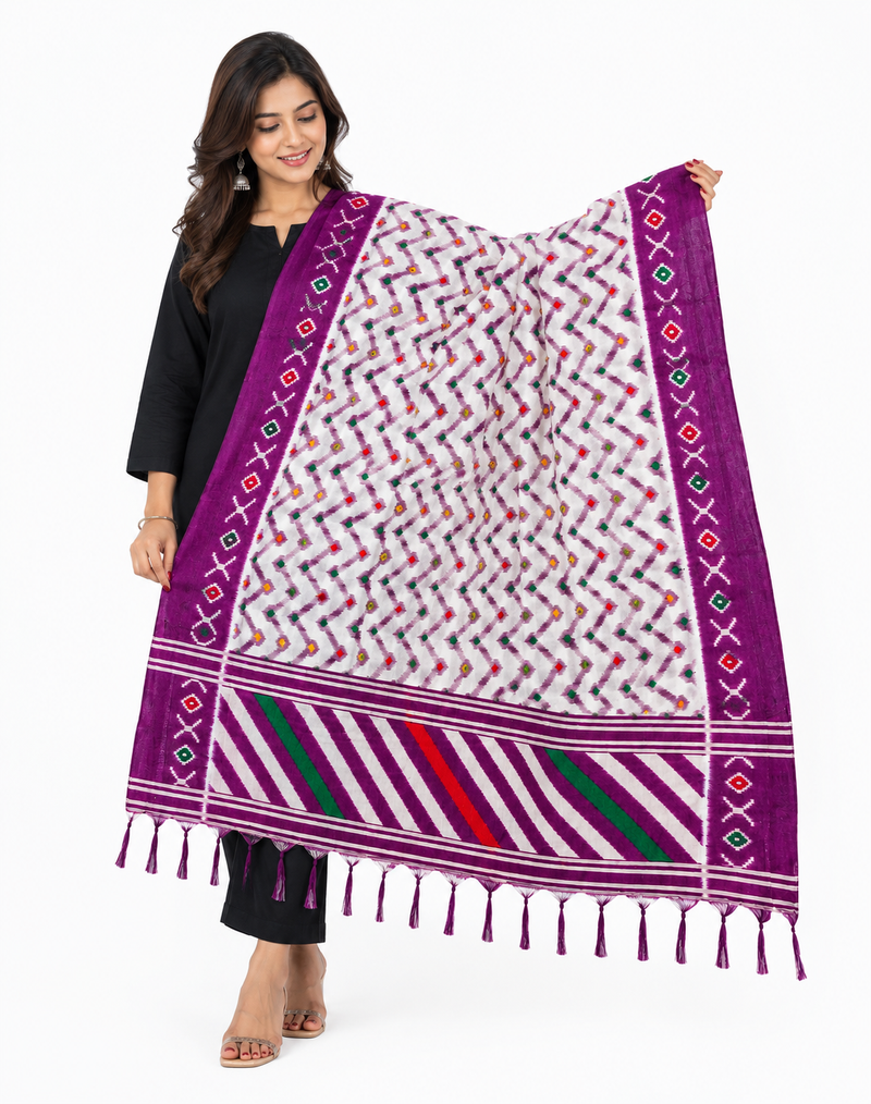 White & Purple Art Silk Zigzag Printed Dupatta with Border and Tassels for Women