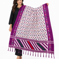 White & Purple Art Silk Zigzag Printed Dupatta with Border and Tassels for Women