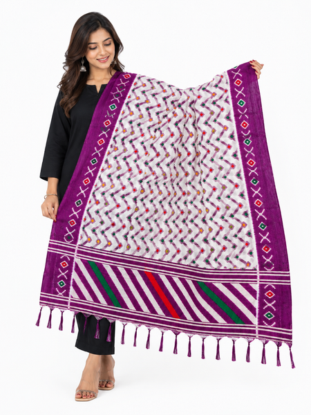 White & Purple Art Silk Zigzag Printed Dupatta with Border and Tassels for Women