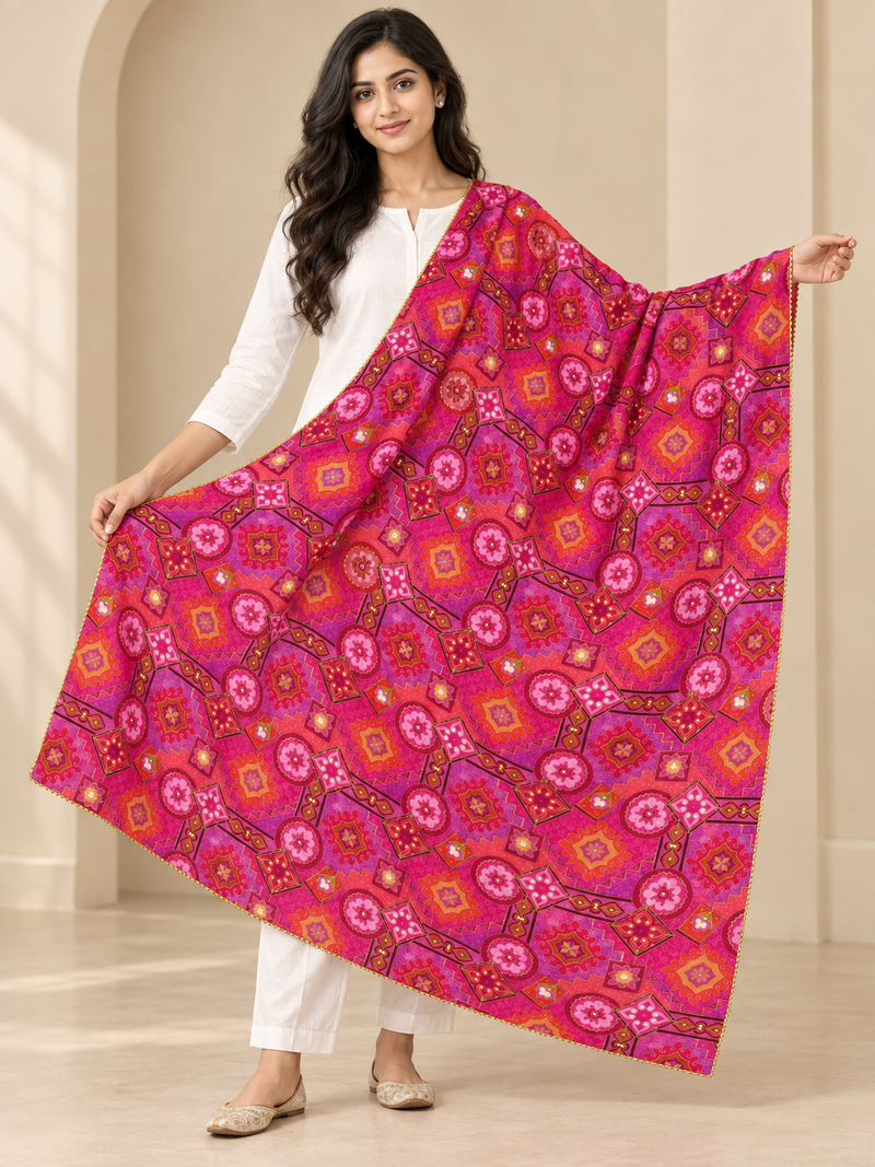 Chanderi Silk Rajwadi Printed Dupatta with Sequin Work & Decorative Border