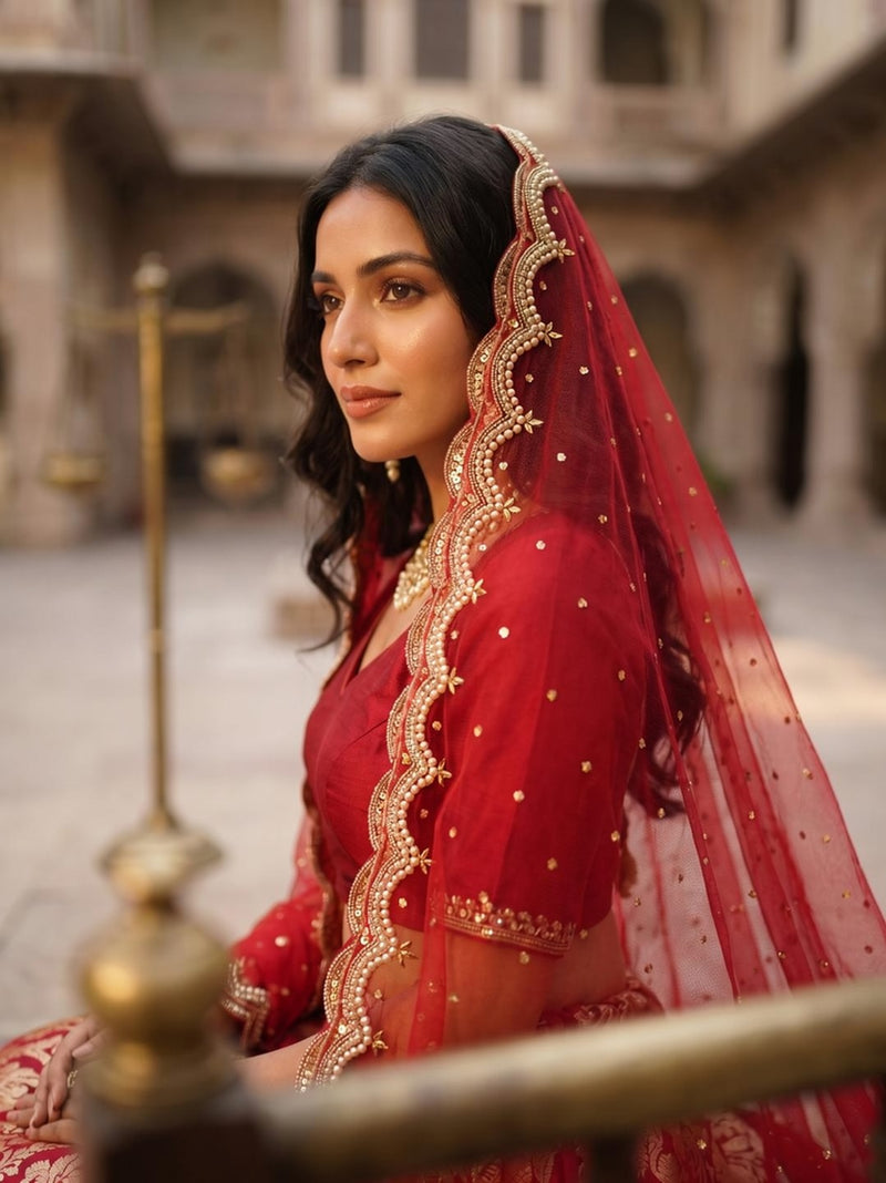 Red Net Bridal Dupatta with Scalloped Cut Work Border