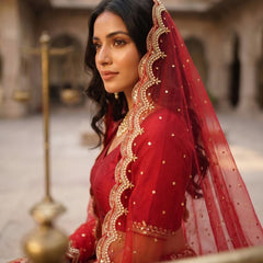 Red Net Bridal Dupatta with Scalloped Cut Work Border