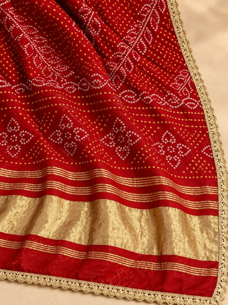Gaji Silk Printed Dupatta with Gold Border & Lace Edging
