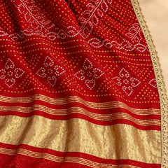 Gaji Silk Printed Dupatta with Gold Border & Lace Edging
