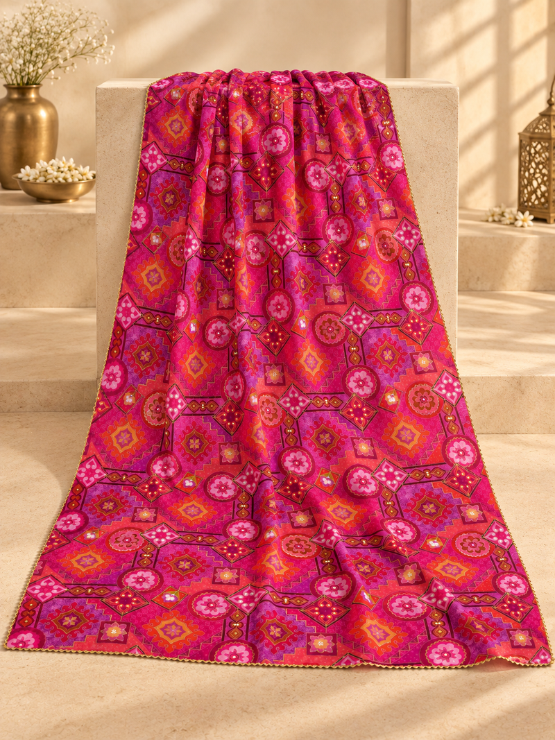 Chanderi Silk Rajwadi Printed Dupatta with Sequin Work & Decorative Border