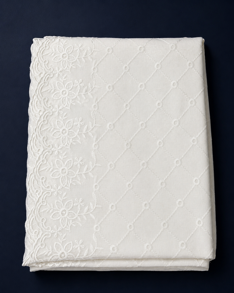 Women’s Cotton Thread Work Embroidered Dupatta with Floral Scalloped Lace Border