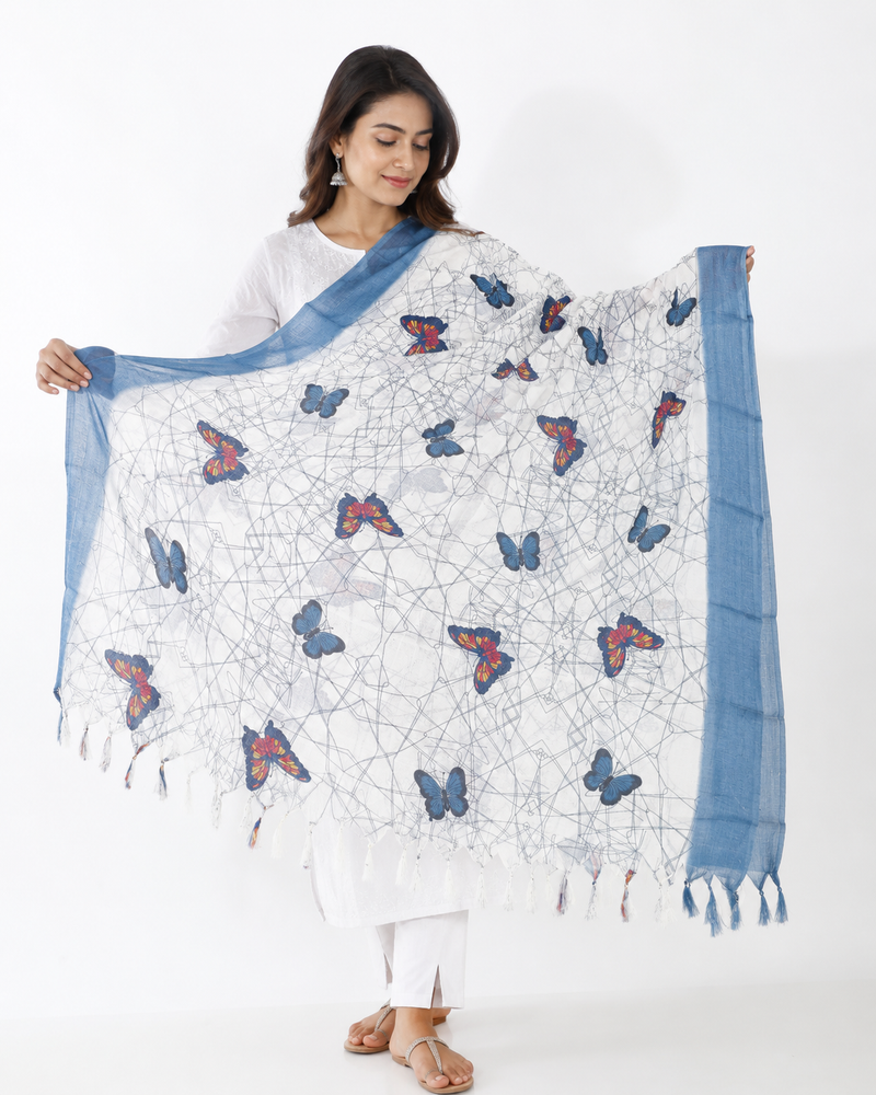 Art Silk Butterfly Printed Dupatta with Contrast Border & Tassels for Women