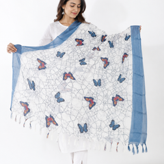 Art Silk Butterfly Printed Dupatta with Contrast Border & Tassels for Women