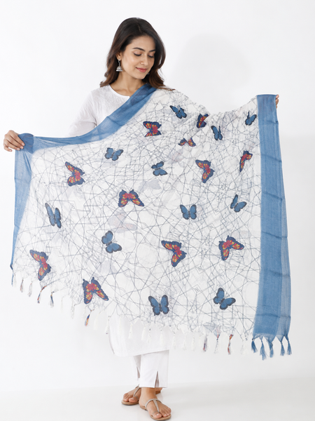 Art Silk Butterfly Printed Dupatta with Contrast Border & Tassels for Women