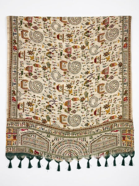 Women’s Art Silk Multicolour Folk Printed Dupatta with Border and Tassels