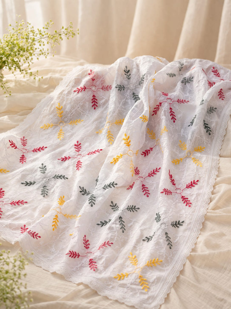 Women's White Cotton Thread Work Embroidered Dupatta