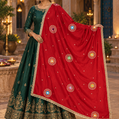 Deep Red Chinon Dupatta with Mirror & Sequin Work and Gold Lace Border
