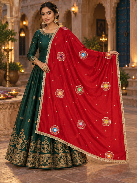 Deep Red Chinon Dupatta with Mirror & Sequin Work and Gold Lace Border