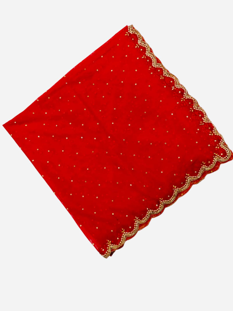 Red Bridal Net Dupatta with Cut Work & Pearl Lace Border | Heavy Embroidered Wedding Dupatta