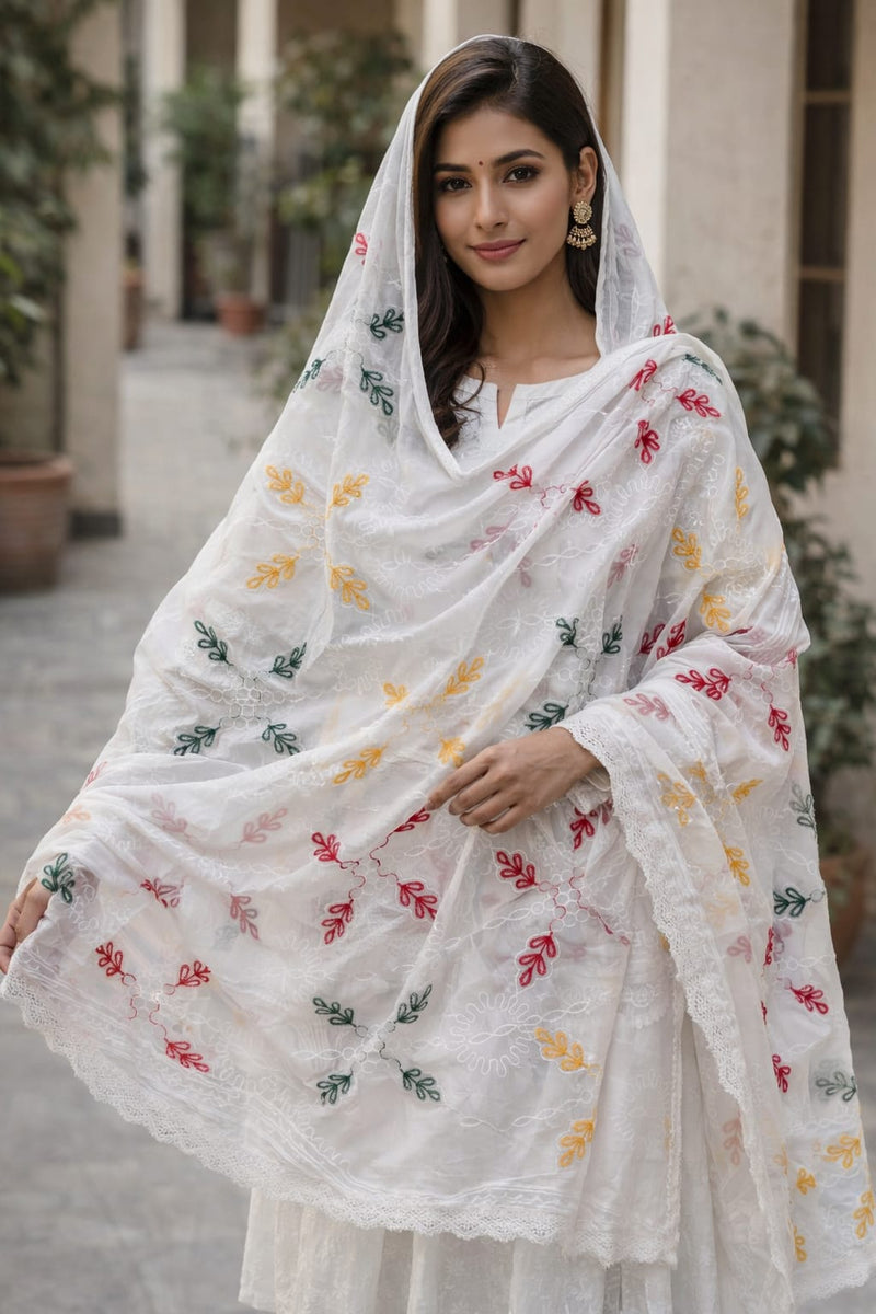 Women's White Cotton Thread Work Embroidered Dupatta
