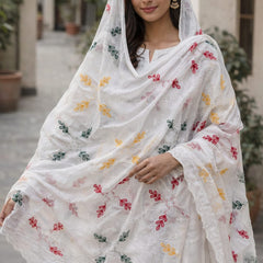 Women's White Cotton Thread Work Embroidered Dupatta
