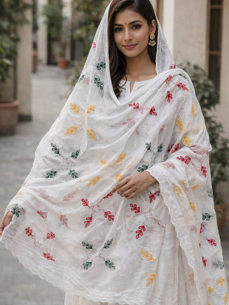 Women's White Cotton Thread Work Embroidered Dupatta