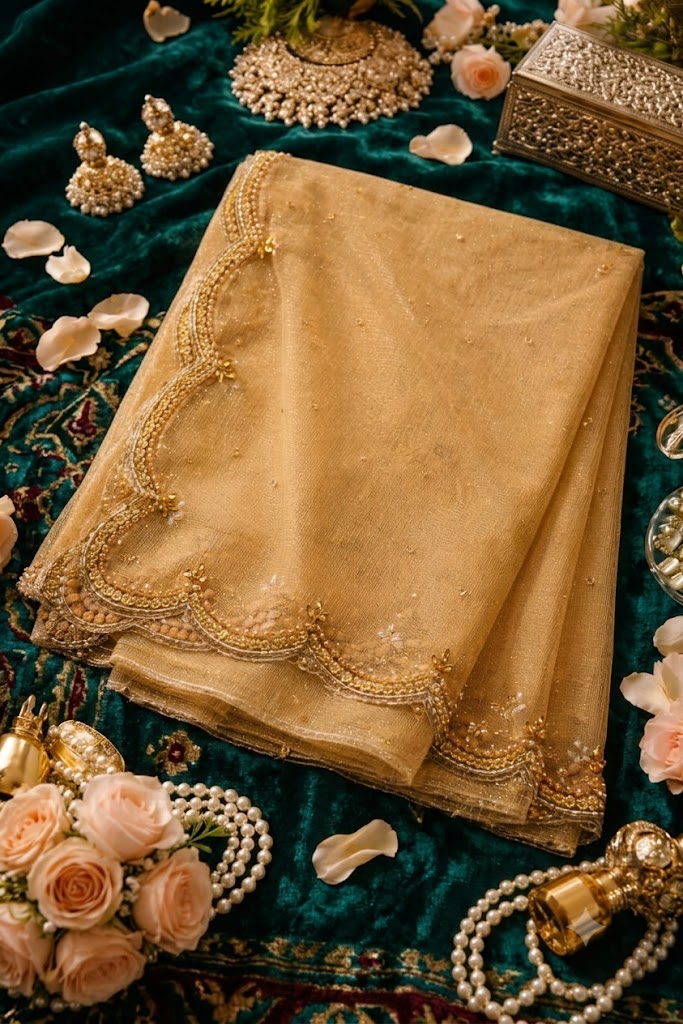 Gold Net Bridal Dupatta with Scalloped Cut Work Border