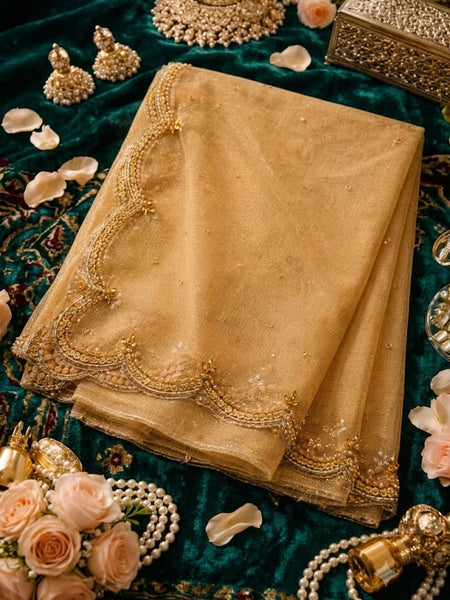 Gold Net Bridal Dupatta with Scalloped Cut Work Border